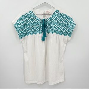 Keep in Touch Embroidered Boho Cap Sleeve Tassel Tie Top